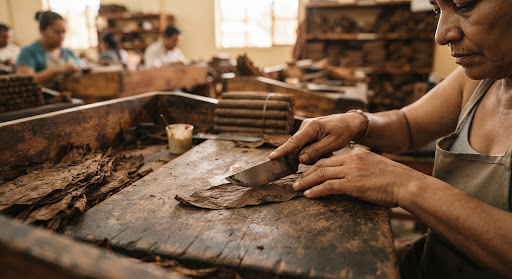 Artisan hands trimming select tobacco wrapper leaf with chaveta blade in Danlí